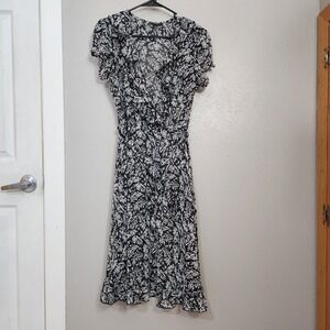 JBS‎ Women's Sheer Black White Floral Midi Dress Ruffle Short Sleeve Size 10